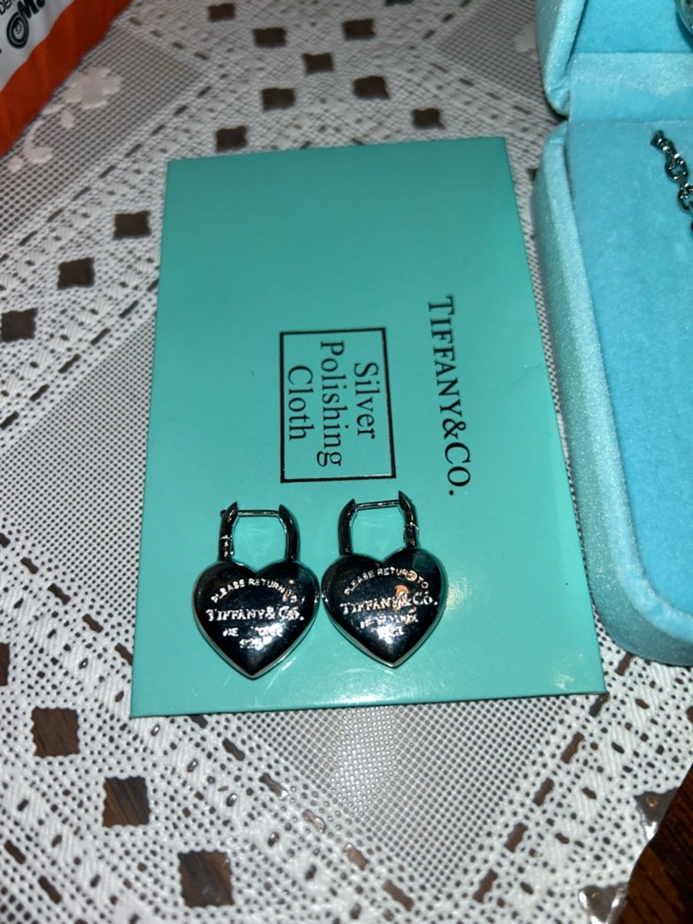 Tiffany & Co. 925 Sterling Silver Heart Padlock Drop Earrings with Blue Box